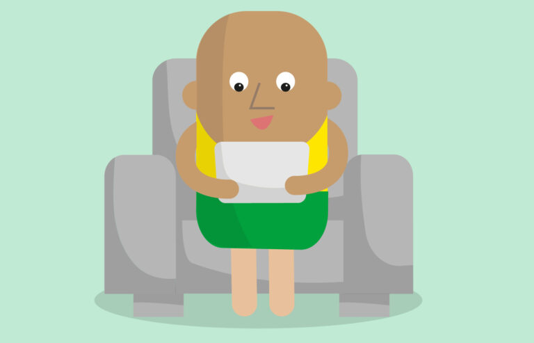 Animated character sitting on the couch holding a tablet
