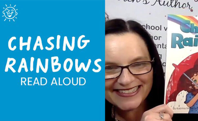 Chasing Rainbows Read Aloud, Katrina McKelvey holding up Chasing Rainbows to the camera