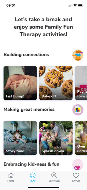A screenshot of the New Normal Navigator app showing fun therapy ideas