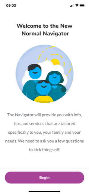 A screenshot of the New Normal Navigator app showing a welcome message
