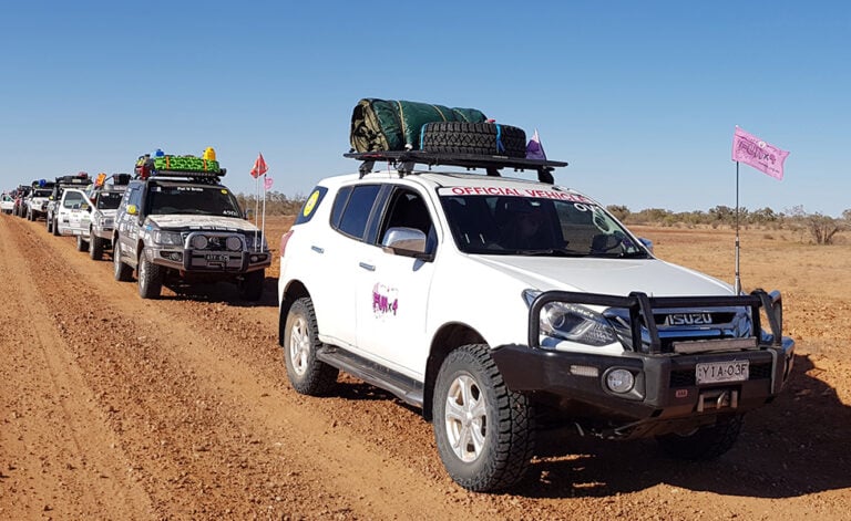 Cars travel through dusty tracks in Queensland for Camp Quality's Funx4 event
