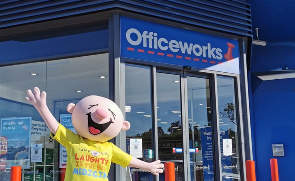 Camp Quality Mascot outside Officeworks