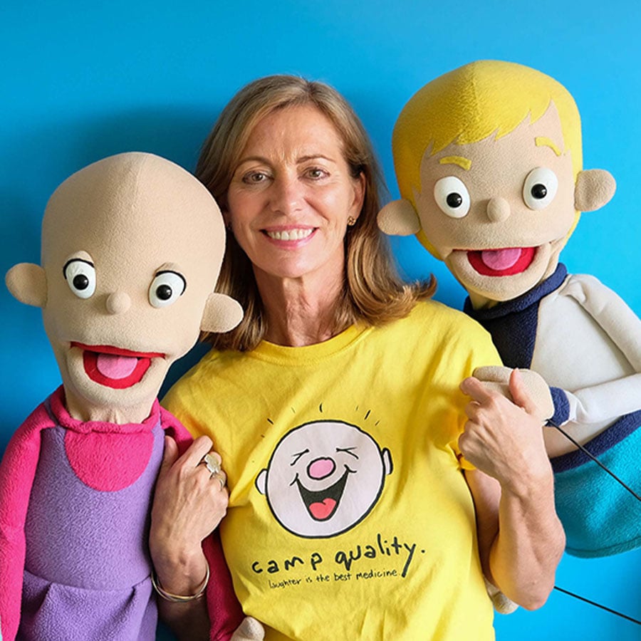 Camp Quality Ambassador, Kerry Armstrong, with the Camp Quality puppets