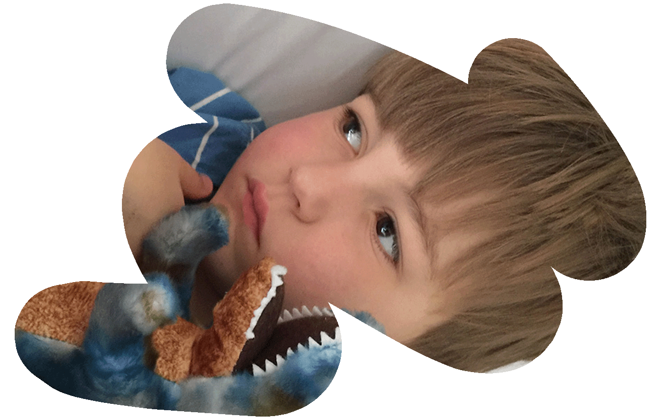 Josh, a Camp Quality kids, lies in bed holding onto toy dinosaurs