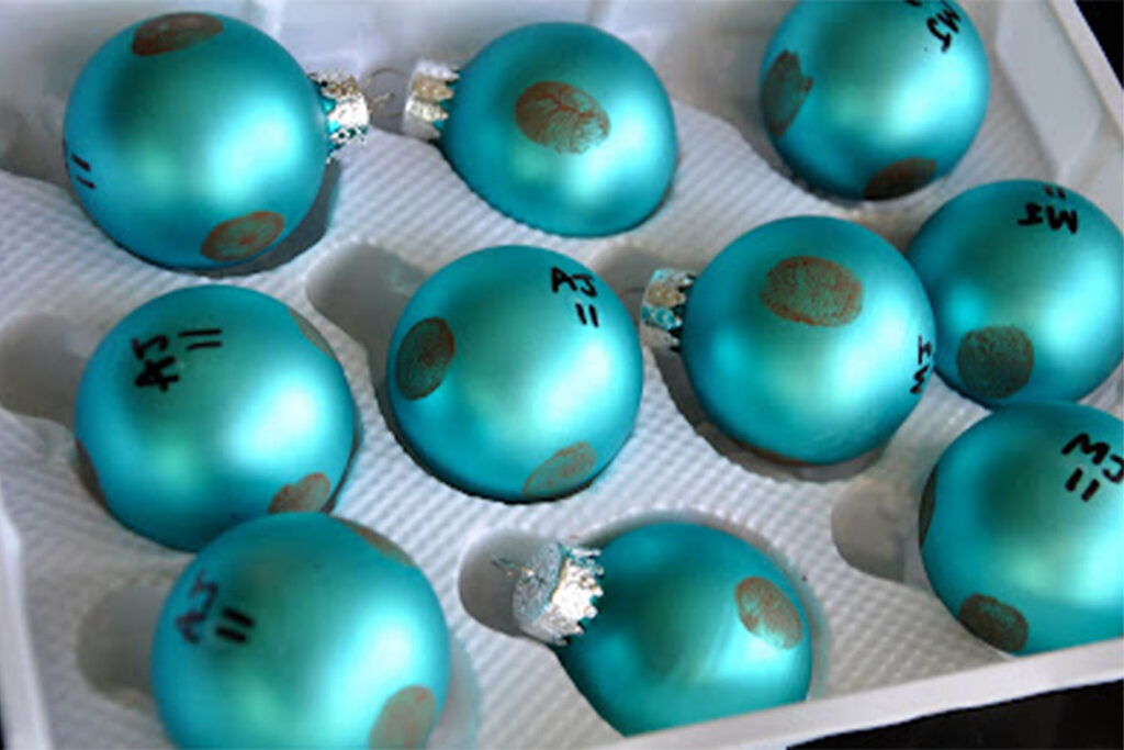 Blue ornaments with fingerprint marks on them